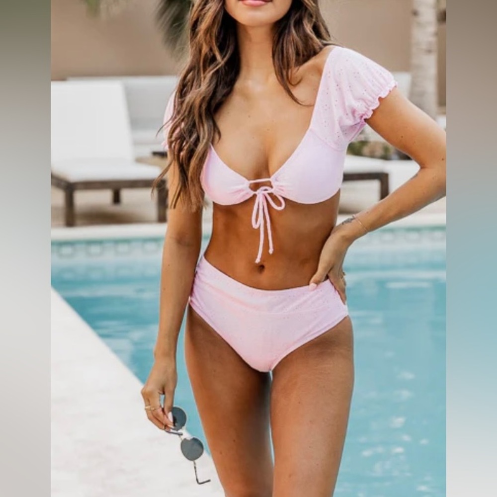 Pink lily-MERMAID COVE PINK EYELET CAP SLEEVE BIKINI TOP and BOTTOMS